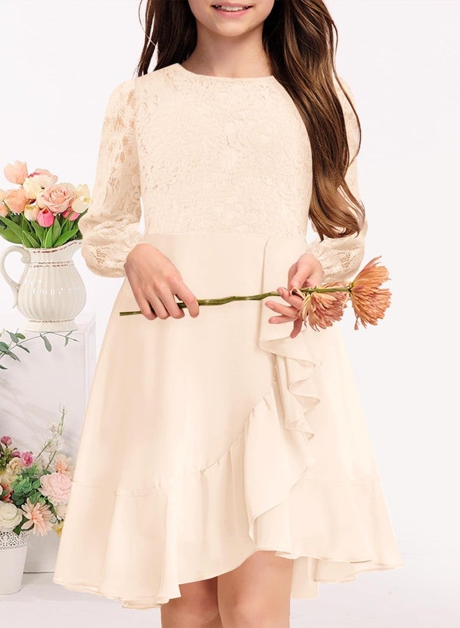 MITILLY Girls Lace Flower Ruffle Dress Long Sleeve Chiffon A Line High Low Junior Bridesmaid Dresses for Wedding Party, Apricot, 10 Years - Image 2