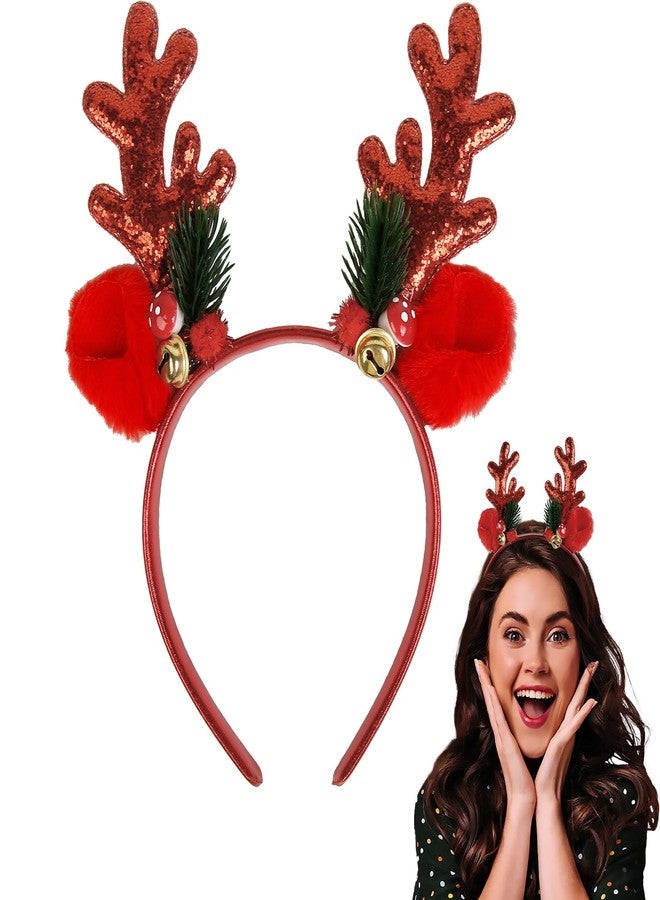 TEBIEKOY Christmas Headband for Women - Red Deer Antlers Headband Cute Deer Costume for Women Adults Fluffy Deer Ears Head Band Sequined Reindeer Antler Headbands Deer Costume for Christmas Party - Image 1