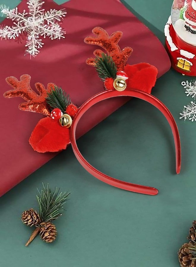 TEBIEKOY Christmas Headband for Women - Red Deer Antlers Headband Cute Deer Costume for Women Adults Fluffy Deer Ears Head Band Sequined Reindeer Antler Headbands Deer Costume for Christmas Party - Image 3