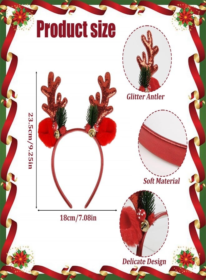 TEBIEKOY Christmas Headband for Women - Red Deer Antlers Headband Cute Deer Costume for Women Adults Fluffy Deer Ears Head Band Sequined Reindeer Antler Headbands Deer Costume for Christmas Party - Image 2