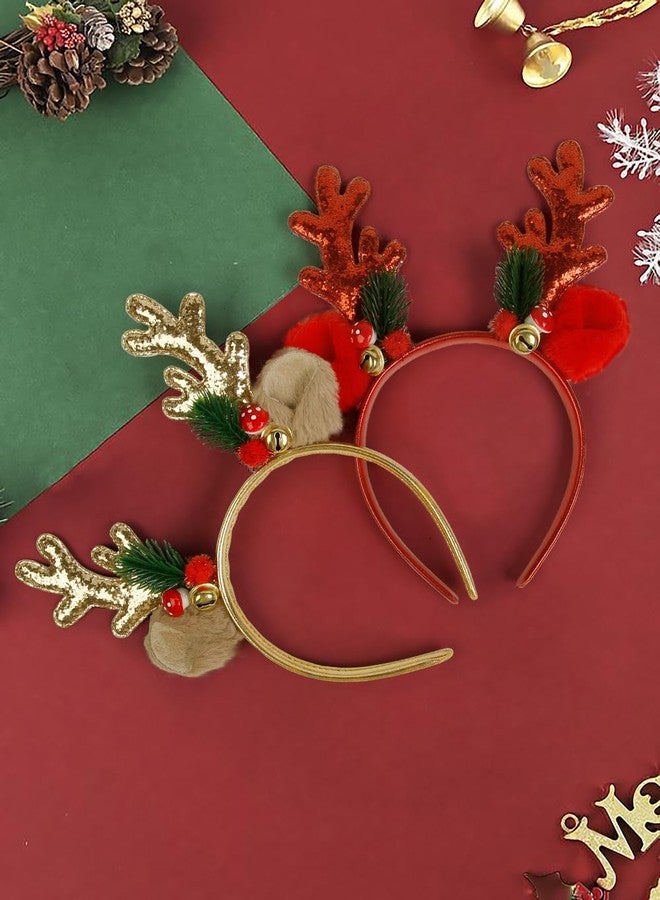 TEBIEKOY Christmas Headband for Women - Red Deer Antlers Headband Cute Deer Costume for Women Adults Fluffy Deer Ears Head Band Sequined Reindeer Antler Headbands Deer Costume for Christmas Party - Image 4