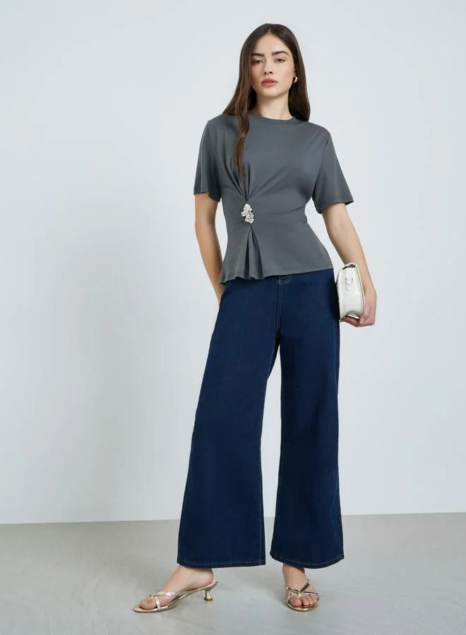 Styli Grey Knit Top with Metallic Detail