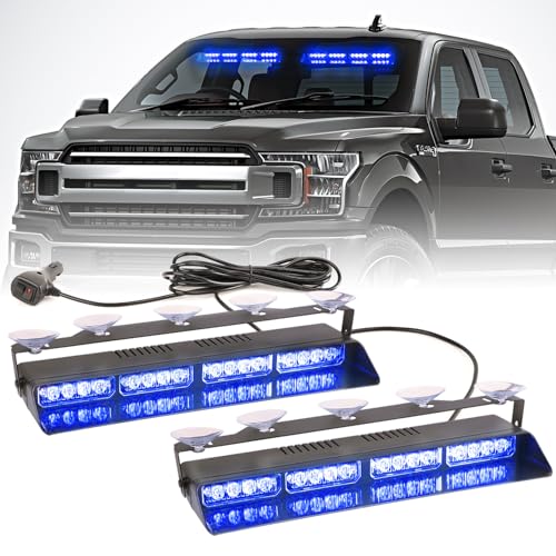 PKINGLAKE 2 in 1 LED Emergency Dash Strobe Light Bar Front/Rear Windshield Safety Flashing Warning Hazard Interior Lights for Police Firefighter Construction Vehicles Trucks (2x14 inch, Blue/Blue) - Image 1