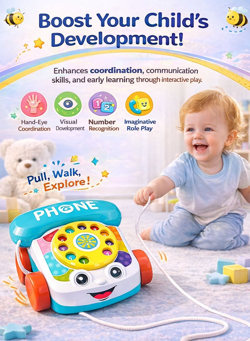 Oobidoo Baby Telephone Pull Along Toy for Toddlers Kids Manual Phone Toy with Rotary Dial Numbers 0 to 9 Educational Learning Toy Walk Along Drag Toy with Wheels and Pull String Pretend Play Telephone Toy Early Development Motor Skills Toy for Boys Girls No Battery No Sound - Image 3