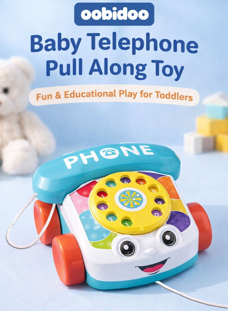 Oobidoo Baby Telephone Pull Along Toy for Toddlers Kids Manual Phone Toy with Rotary Dial Numbers 0 to 9 Educational Learning Toy Walk Along Drag Toy with Wheels and Pull String Pretend Play Telephone Toy Early Development Motor Skills Toy for Boys Girls No Battery No Sound - Image 1