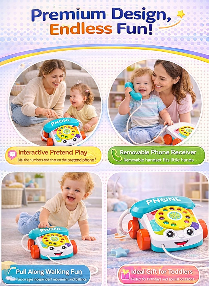 Oobidoo Baby Telephone Pull Along Toy for Toddlers Kids Manual Phone Toy with Rotary Dial Numbers 0 to 9 Educational Learning Toy Walk Along Drag Toy with Wheels and Pull String Pretend Play Telephone Toy Early Development Motor Skills Toy for Boys Girls No Battery No Sound - Image 4