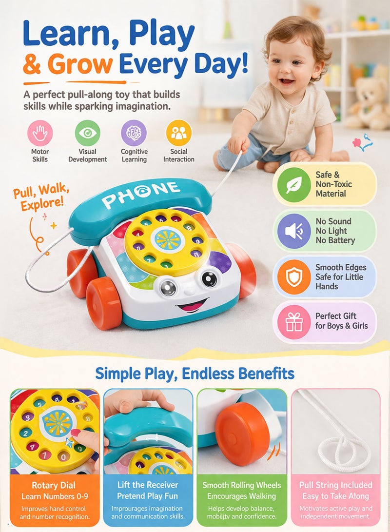 Oobidoo Baby Telephone Pull Along Toy for Toddlers Kids Manual Phone Toy with Rotary Dial Numbers 0 to 9 Educational Learning Toy Walk Along Drag Toy with Wheels and Pull String Pretend Play Telephone Toy Early Development Motor Skills Toy for Boys Girls No Battery No Sound - Image 2