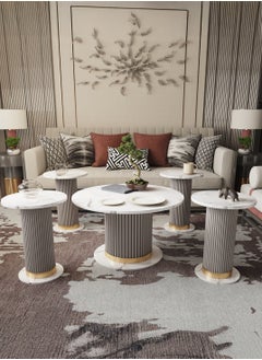 Luxury Coffee Table Set – 5 Pieces, with an Elegant Gray Design, White Marble Surface with Gold Accents, Main Table (80 cm Diameter, 49 cm Height) & Four Side Tables (40 cm Diameter, 54 cm Height). - pzsku/ZC873C10B648FC23D4D3FZ/45/_/1738538142/1496791e-a481-4794-aca2-ea8c89db9a86