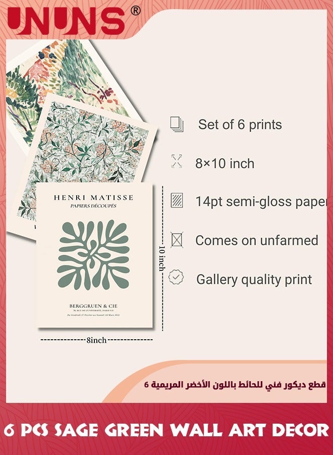 يو إن يو إن أس Sage Green Wall Art Decor,6 Pcs Boho Abstract Hanging Painting Simple Retro Posters,Minimalist Flower Market Prints,Green Canvas Matisse Paintings Pictures For Room,8x10Unframed - Image 5