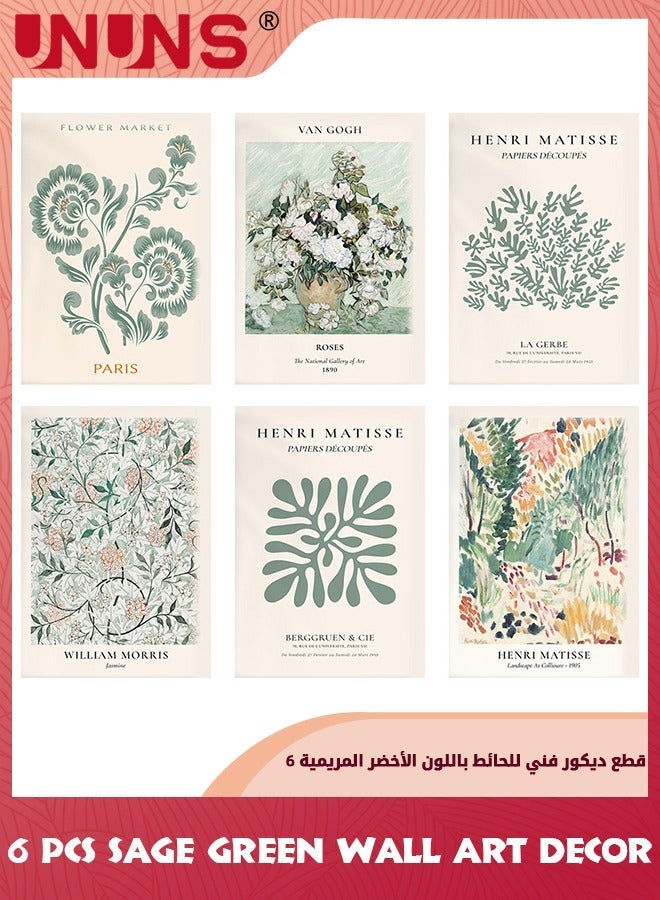 يو إن يو إن أس Sage Green Wall Art Decor,6 Pcs Boho Abstract Hanging Painting Simple Retro Posters,Minimalist Flower Market Prints,Green Canvas Matisse Paintings Pictures For Room,8x10Unframed - Image 1