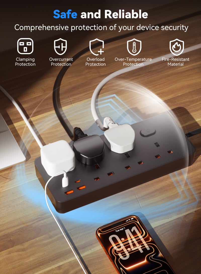 ULHYC Power Strips - 6 Outlets with 2 USB-C and 2 USB-A Ports, 3m Cord, Flat Plug, Wall Mount, Surge Protection - Image 5