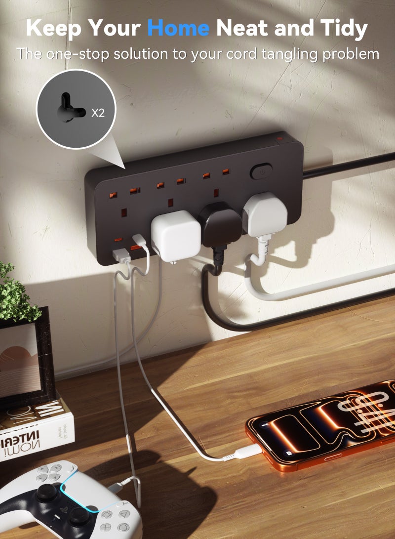 ULHYC Power Strips - 6 Outlets with 2 USB-C and 2 USB-A Ports, 3m Cord, Flat Plug, Wall Mount, Surge Protection - Image 3