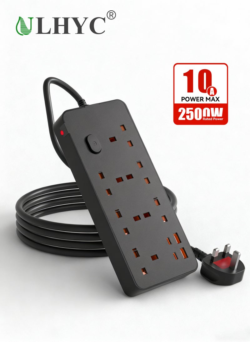 ULHYC Power Strips - 6 Outlets with 2 USB-C and 2 USB-A Ports, 3m Cord, Flat Plug, Wall Mount, Surge Protection - Image 1