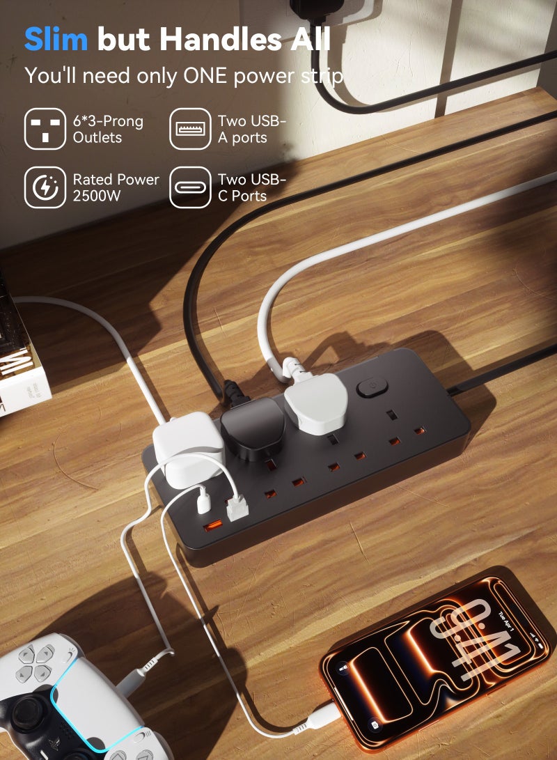 ULHYC Power Strips - 6 Outlets with 2 USB-C and 2 USB-A Ports, 3m Cord, Flat Plug, Wall Mount, Surge Protection - Image 2