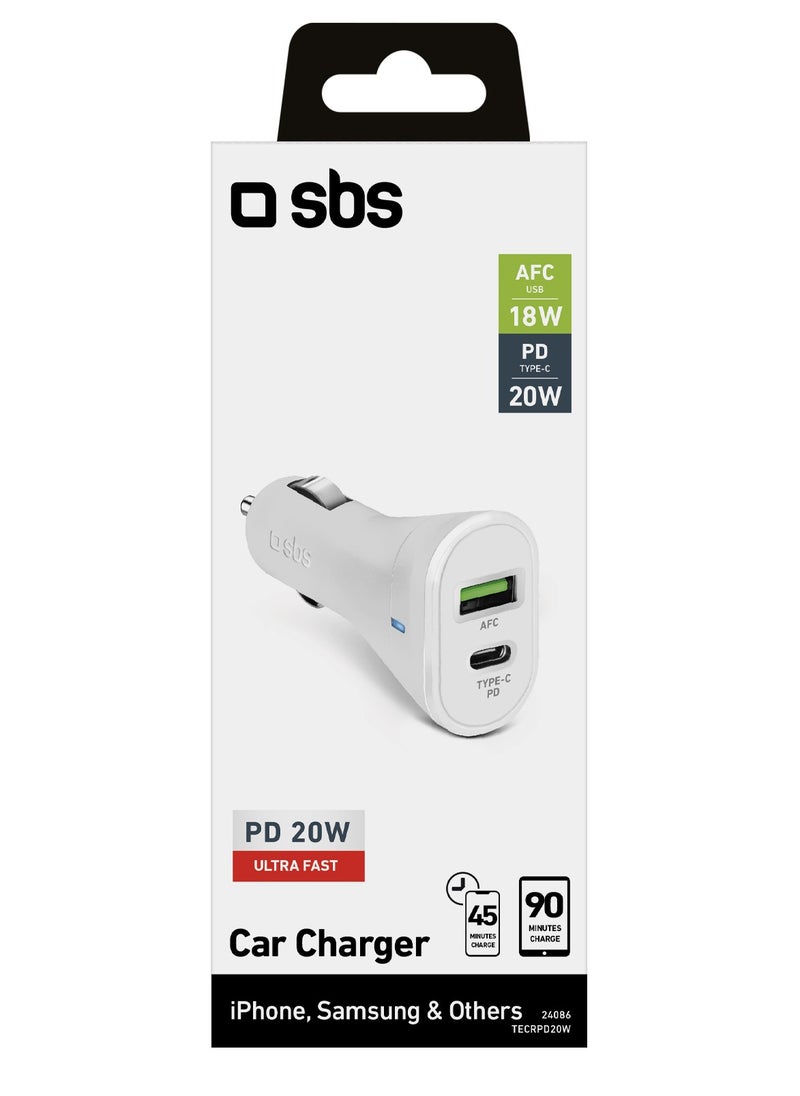 SBS - Car Charger PD 20W dual ports 12/24 V Type-C PD 20W + 1 USB 2,1 A, Perfect for iPhone, Samsung, Xiaomi and many other Android devices, this charger quickly powers your devices - Image 1