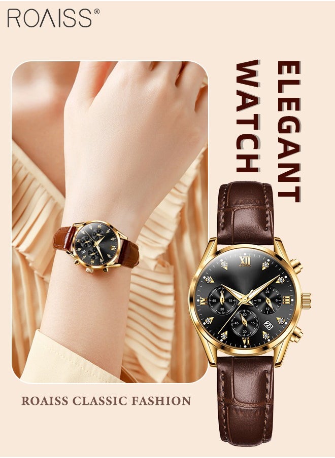 roaiss Women's Leather Strap Chronograph Quartz Watch Round Dial with Date Display Waterproof Luxurious Luminous Wristwatch as Gift for Ladies  - Image 1