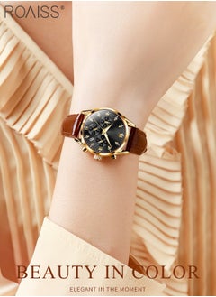 roaiss Women's Leather Strap Chronograph Quartz Watch Round Dial with Date Display Waterproof Luxurious Luminous Wristwatch as Gift for Ladies  - Image 2
