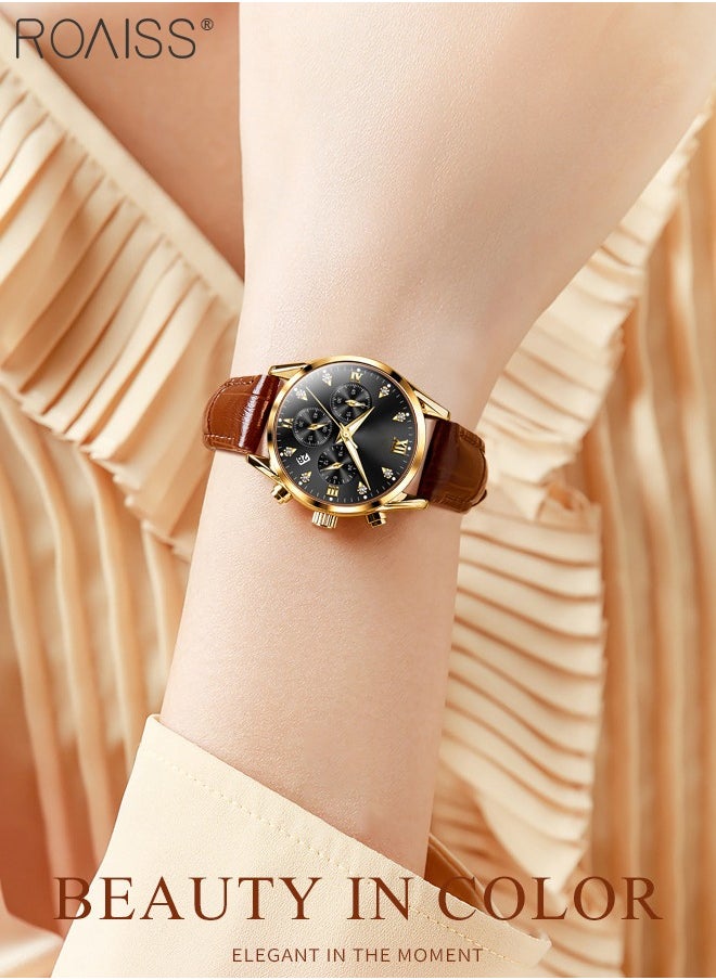 roaiss Women's Leather Strap Chronograph Quartz Watch Round Dial with Date Display Waterproof Luxurious Luminous Wristwatch as Gift for Ladies  - Image 2