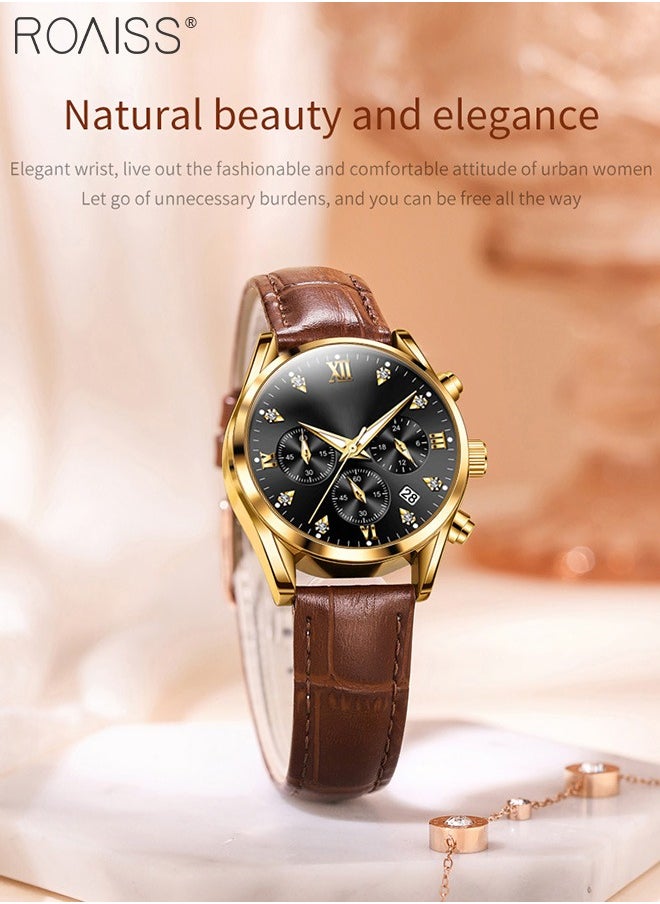roaiss Women's Leather Strap Chronograph Quartz Watch Round Dial with Date Display Waterproof Luxurious Luminous Wristwatch as Gift for Ladies  - Image 3