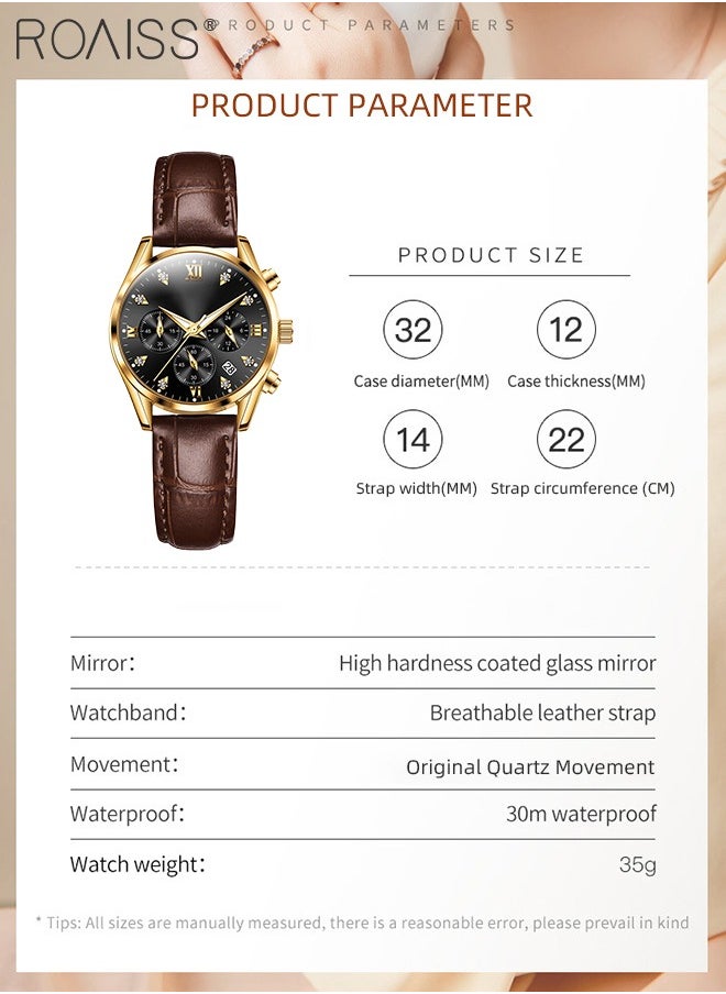 roaiss Women's Leather Strap Chronograph Quartz Watch Round Dial with Date Display Waterproof Luxurious Luminous Wristwatch as Gift for Ladies  - Image 4