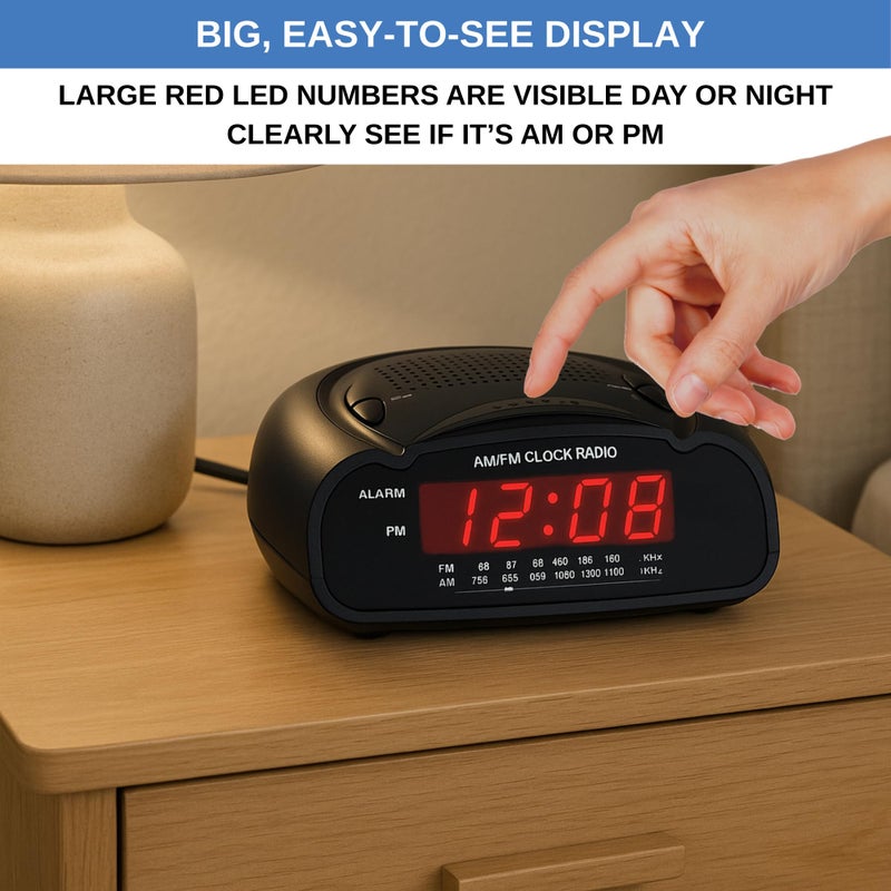Ken-Tech Digital Alarm Clock | AM/FM Clock Radio with Red LED Display, Loud Alarm for Heavy Sleepers | Desk or Bedside Clock - Image 2