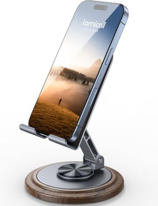 Lamicall Cell Phone Stand for Desk - [360° Rotation] Sturdy Adjustable Desktop Phone Holder, Foldable Mobile Stand, Office Gaming Desk Accessories Gifts for iPhone 17 16 15 Pro Max, Galaxy S26, Switch - Image 1