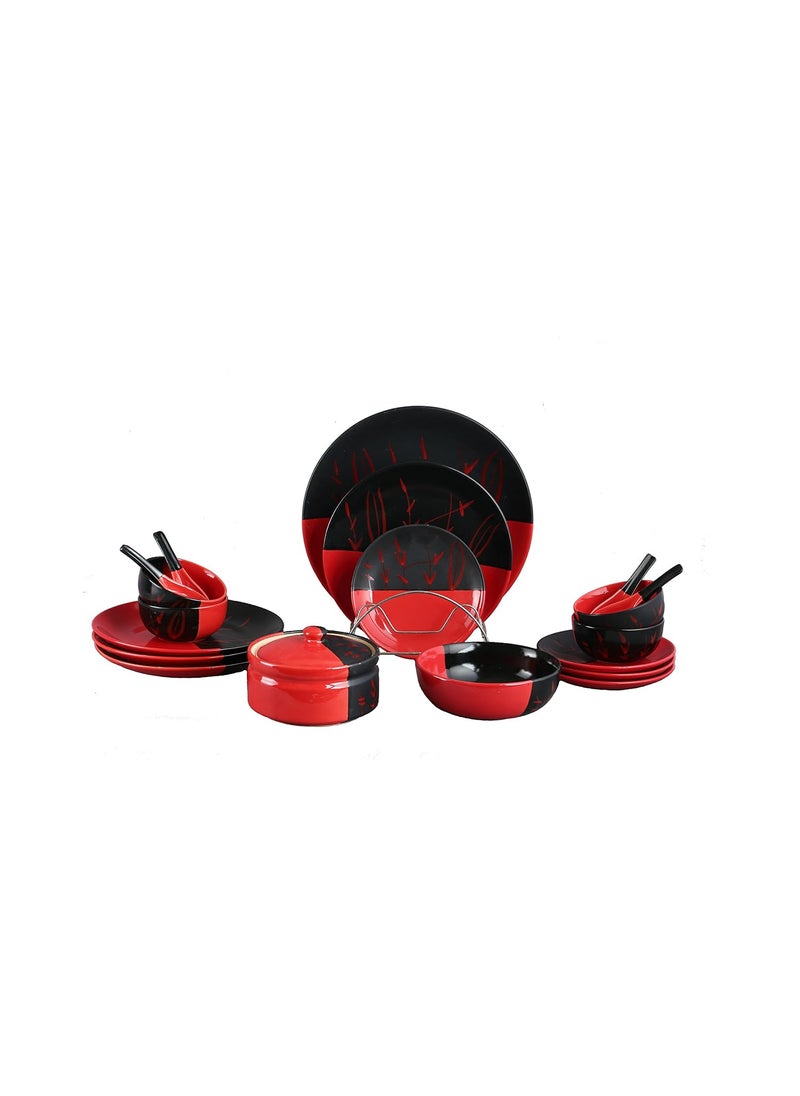 Caffeine Caffeine Ceramic Handmade Half Red & Black Bamboo Dinner Set (19 pcs Microwave Safe & Dishwasher Safe)  - Image 1