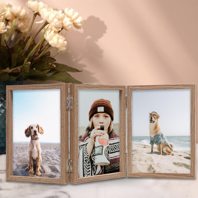 TOFOREVO 4x6 3 Picture Frame Triple Wooden Three Hinged Photo Frame Definition Glass Stand Vertically on Desktop or Tabletop - Image 2
