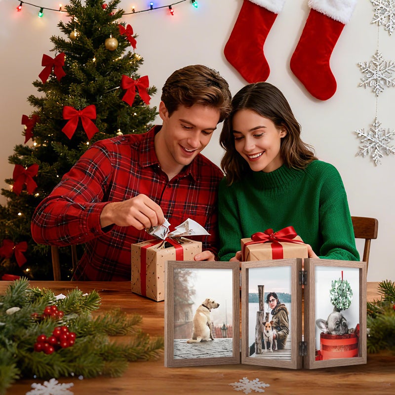 TOFOREVO 4x6 3 Picture Frame Triple Wooden Three Hinged Photo Frame Definition Glass Stand Vertically on Desktop or Tabletop - Image 4