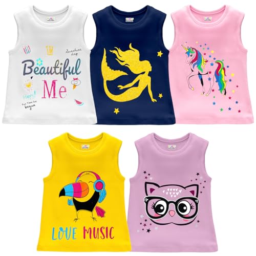 Kuchipoo Girls Regular Fit Sleeveless Cotton T-Shirts (KUC-TSHRT-428, 13-14 Years, Multi-Colored) - Image 1