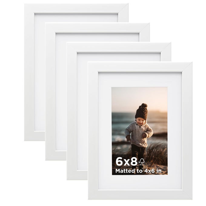 6X8 PICTURE FRAME WHITE SET OF 4 WOODEN PHOTO FRAMES MATTED 4X6 WITH PLEXIGLASS FOR 4X6 WITH MAT OR 6X8 WITHOUT MAT FOR TABLE AND WALL DISPLAY