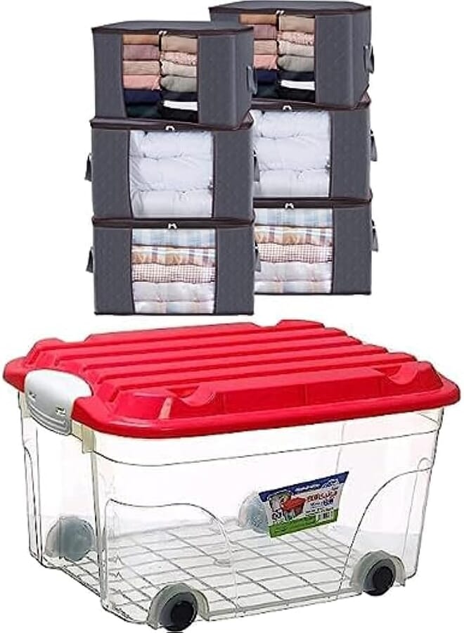 Lifewit Clothes Storage Organizer with Reinforced Handle & Clear Window (Pack of 6,90L, Grey) + Khorshed Plast Monica Plastic Box, 21 Liter - Clear Red