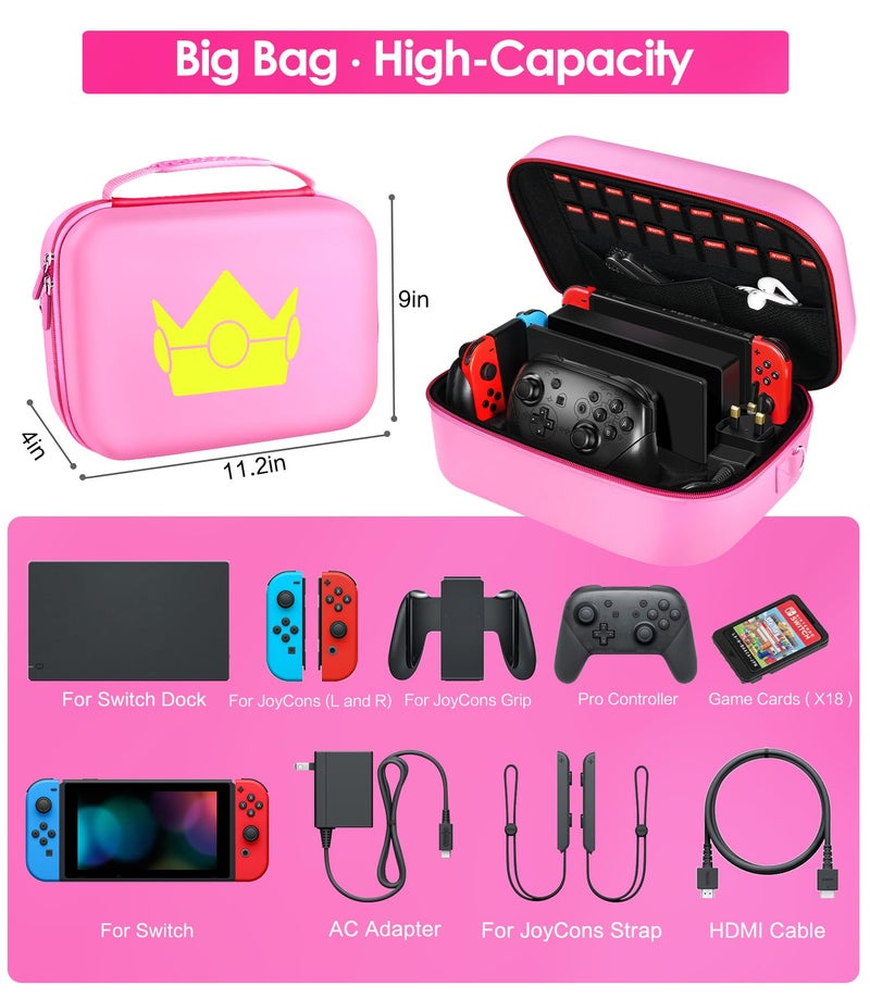 ivoler Carrying Storage Case for Nintendo Switch/Switch OLED Model,Portable Travel All Protective Hard Messenger Bag Soft Lining 18 Games for Switch Console Pro Controller & Accessories (Pink) - Image 3