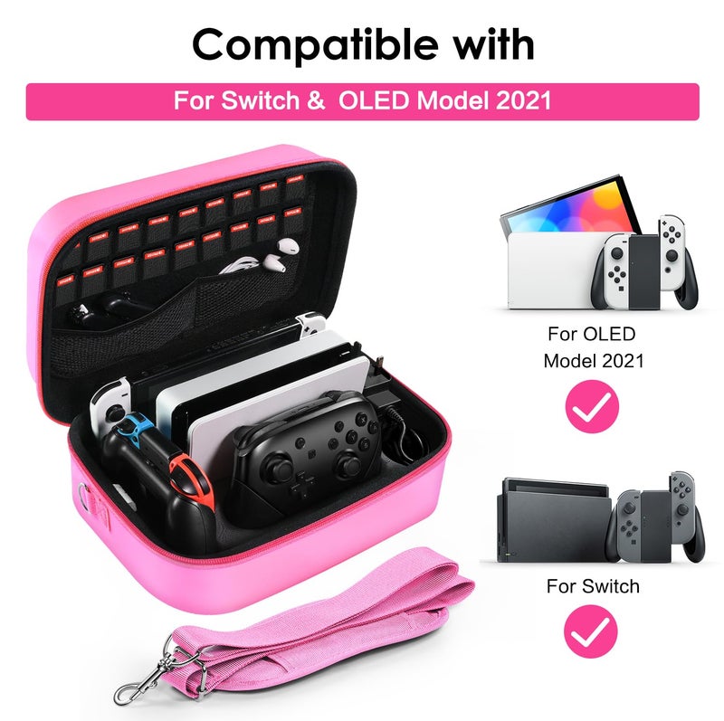 ivoler Carrying Storage Case for Nintendo Switch/Switch OLED Model,Portable Travel All Protective Hard Messenger Bag Soft Lining 18 Games for Switch Console Pro Controller & Accessories (Pink) - Image 2
