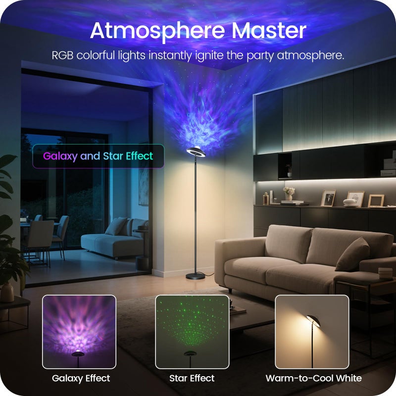 GOEBLESON LED Floor Lamp with RGB Galaxy Projector, 18W Double Sided Corner Light Rotatable, Dimmable Standing Lamp with Remote, Black Modern Lamp for Living Room, Bedroom, Kids Room, Gaming B14LD05 - Image 2