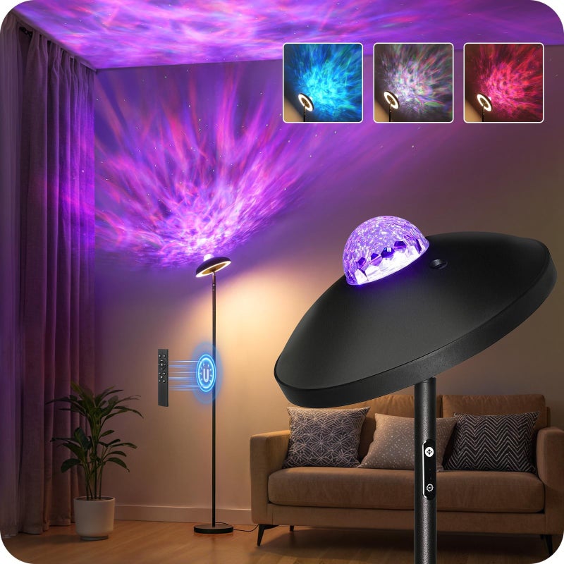 GOEBLESON LED Floor Lamp with RGB Galaxy Projector, 18W Double Sided Corner Light Rotatable, Dimmable Standing Lamp with Remote, Black Modern Lamp for Living Room, Bedroom, Kids Room, Gaming B14LD05 - Image 1