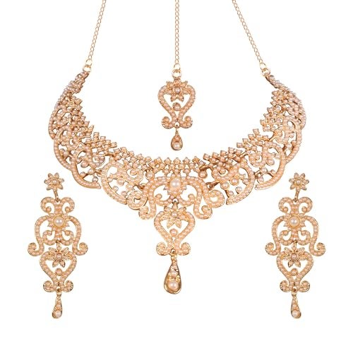 Touchstone Indian jewelry sets for women wedding bridal gold necklace bollywood desi jewellery gift party wear elegant faux pearls statement simple maang tikka bride accessories - Image 1