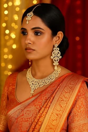 Touchstone Indian jewelry sets for women wedding bridal gold necklace bollywood desi jewellery gift party wear elegant faux pearls statement simple maang tikka bride accessories - Image 4