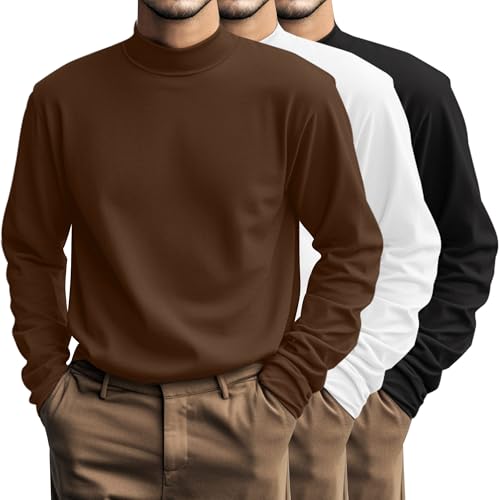 Riyiper 3 Pcs Men's Big and Tall Cotton Shirts Mock Turtleneck Long Sleeve Tops Loose Fit Plus Size Casual Basic Tees(Black, White, Brown,XXL) - Image 1