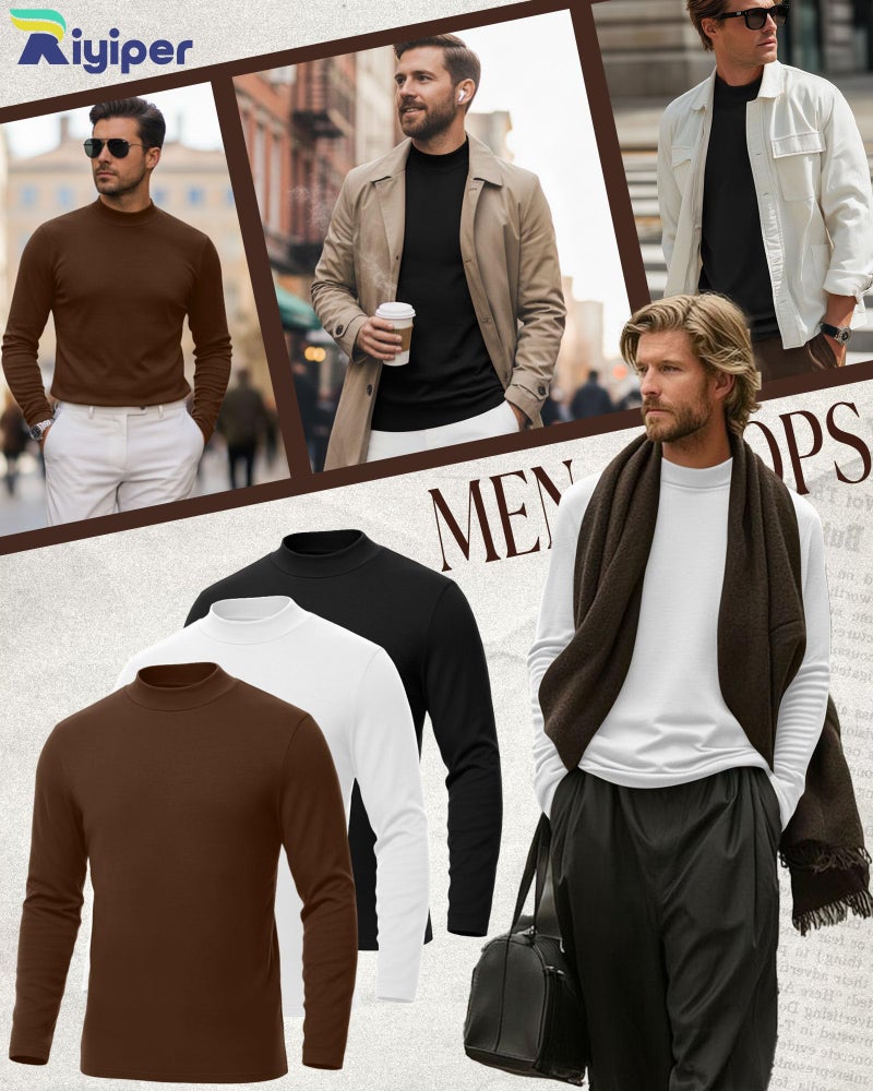 Riyiper 3 Pcs Men's Big and Tall Cotton Shirts Mock Turtleneck Long Sleeve Tops Loose Fit Plus Size Casual Basic Tees(Black, White, Brown,XXL) - Image 3