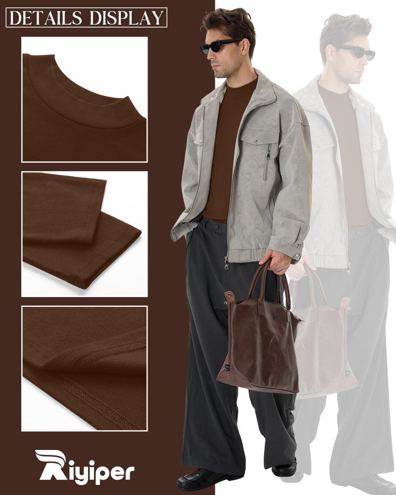 Riyiper 3 Pcs Men's Big and Tall Cotton Shirts Mock Turtleneck Long Sleeve Tops Loose Fit Plus Size Casual Basic Tees(Black, White, Brown,XXL) - Image 4