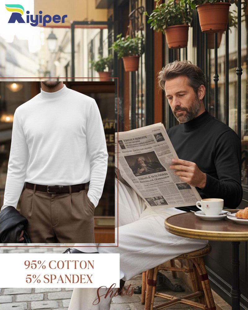 Riyiper 3 Pcs Men's Big and Tall Cotton Shirts Mock Turtleneck Long Sleeve Tops Loose Fit Plus Size Casual Basic Tees(Black, White, Brown,XXL) - Image 5