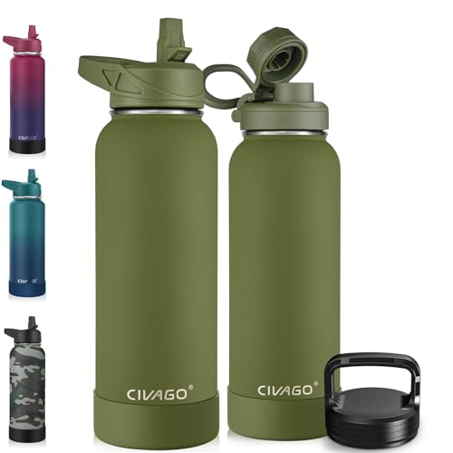 CIVAGO 40 oz Insulated Water Bottle With Straw, Stainless Steel Sports Water Cup Flask with 3 Lids (Straw, Spout and Handle Lid), Double Walled Travel Thermal Canteen Mug, Army Green - Image 1