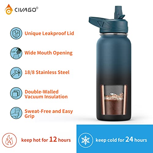 CIVAGO 40 oz Insulated Water Bottle With Straw, Stainless Steel Sports Water Cup Flask with 3 Lids (Straw, Spout and Handle Lid), Double Walled Travel Thermal Canteen Mug, Army Green - Image 3