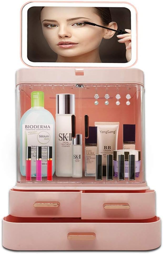SIBY Acrylic Makeup Vanity, Cosmetics Organizer With Mirror | Large Capacity Dust And Waterproof Cosmetic Organizer With Drawers | Cosmetic Storage For Dresser, Pink - Image 3