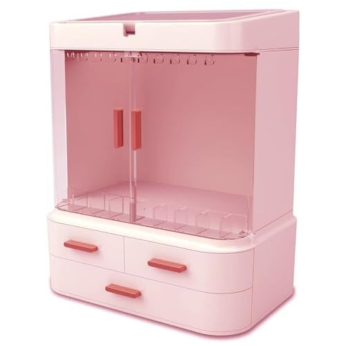 SIBY Acrylic Makeup Vanity, Cosmetics Organizer With Mirror | Large Capacity Dust And Waterproof Cosmetic Organizer With Drawers | Cosmetic Storage For Dresser, Pink - Image 1