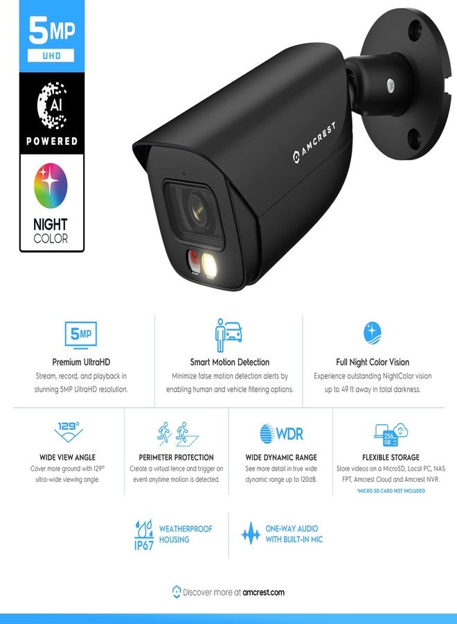 Amcrest 5MP IP PoE AI Camera w/ 49ft Color Night Vision, Security Outdoor Bullet Camera, Built-in Microphone, Human & Vehicle Detection, Active Deterrent, 129° FOV, 5MP@20fps IP5M-B1276EB-AI (Black) - Image 2