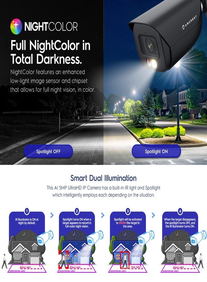 Amcrest 5MP IP PoE AI Camera w/ 49ft Color Night Vision, Security Outdoor Bullet Camera, Built-in Microphone, Human & Vehicle Detection, Active Deterrent, 129° FOV, 5MP@20fps IP5M-B1276EB-AI (Black) - Image 5