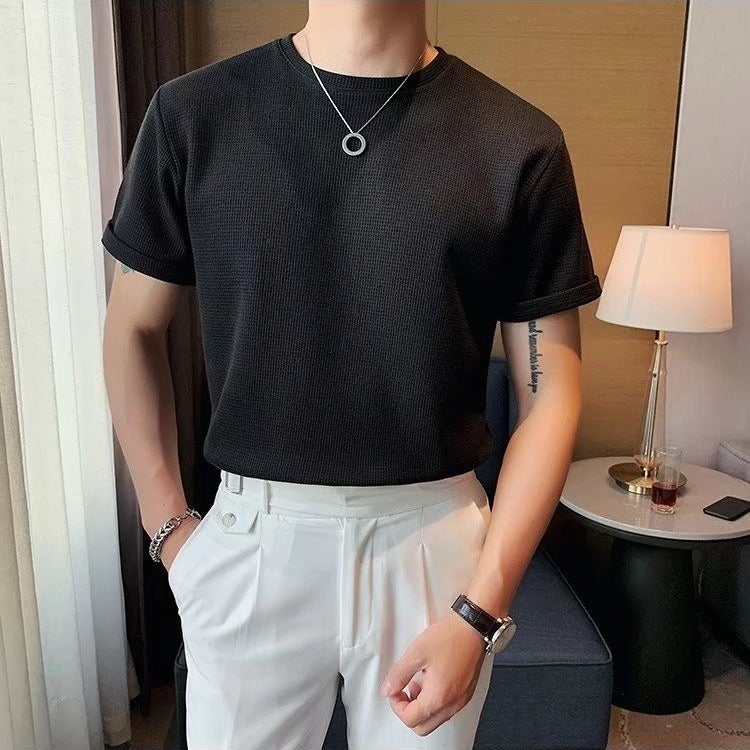 Wafflick Design Sense Summer Men'S Korean Style Loose Knitted Short Sleeve Light Mature Style Solid Color Casual T-Shirt Trendy - Image 1