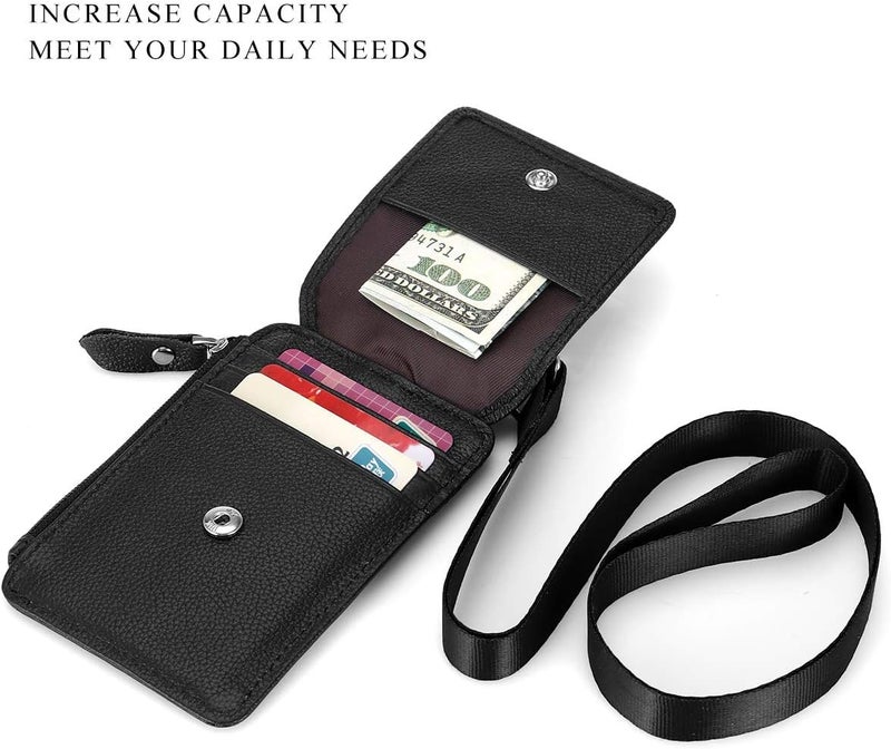 HAWEE Badge Holder with Zipper Genuine Leather RFID Keychain Wallet Neck Lanyards with Swivel Hook for Card/Coin/Cash, Black - Image 2